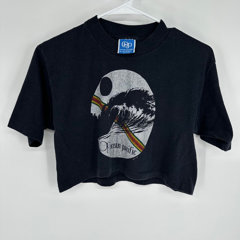 Vintage 1982 Ocean Pacific OP Wave Graphic Cropped T-Shirt Black Mens Medium 80s